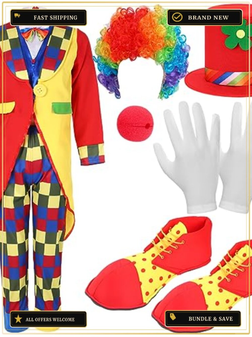 7pc Clown Costume Set Hat Wig Nose Gloves Circus Halloween